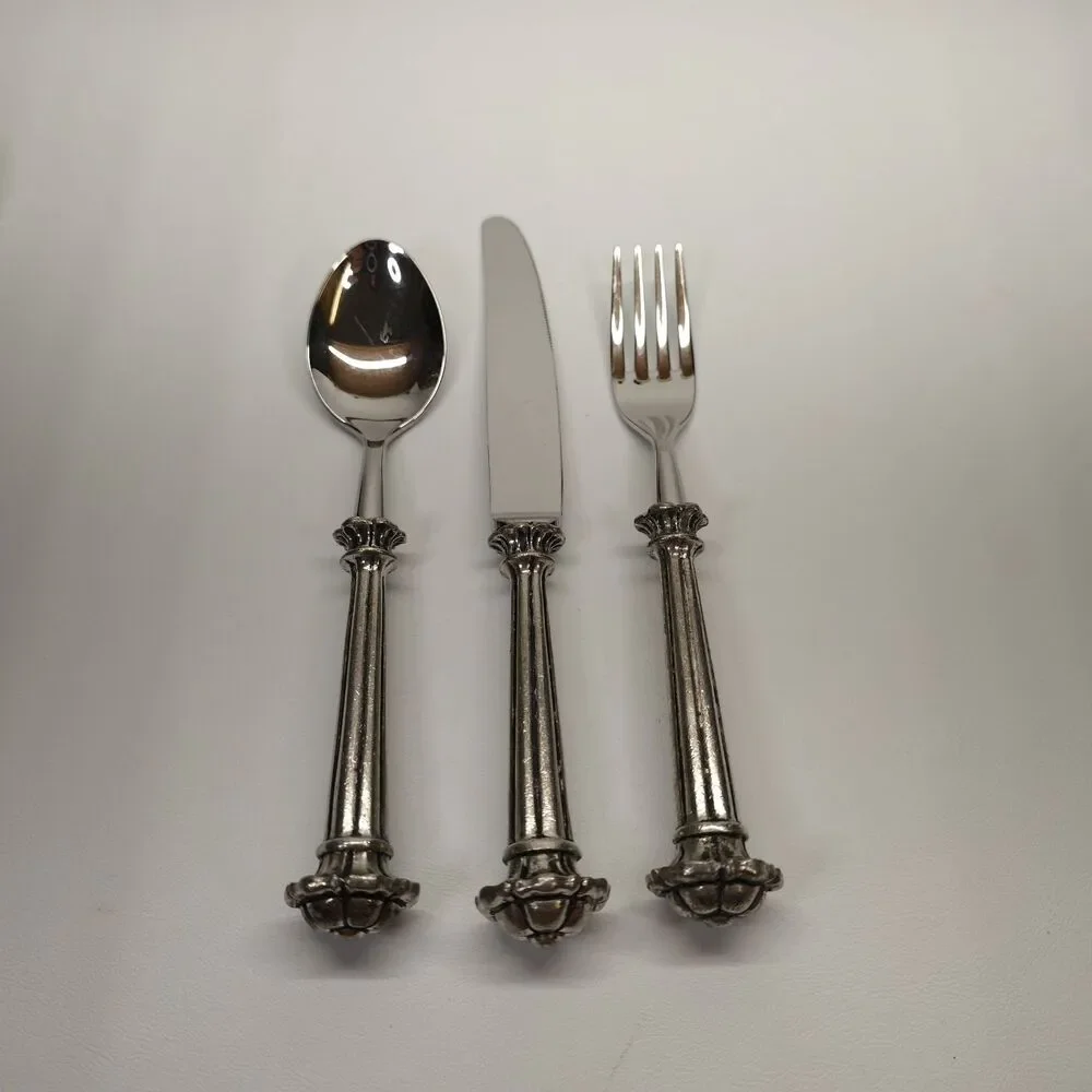 Italian 95 % Pewter Handle Flatware 3 Piece Place Setting 18/10 Stainless Steel